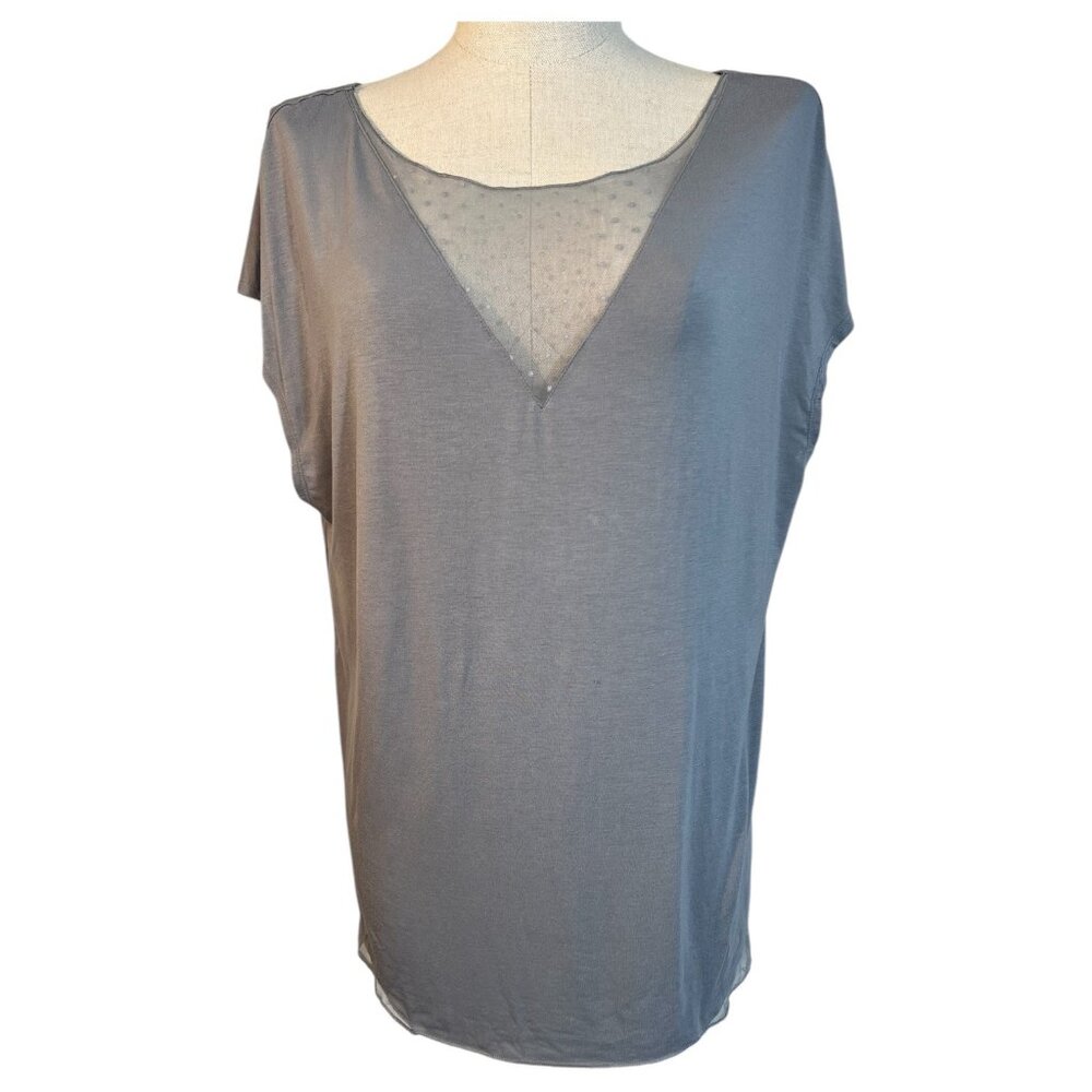 Victorias Secret Gray Sheer Polka V Neck Top Womens M Polka Dot Lace Trim - Picture 2 of 7